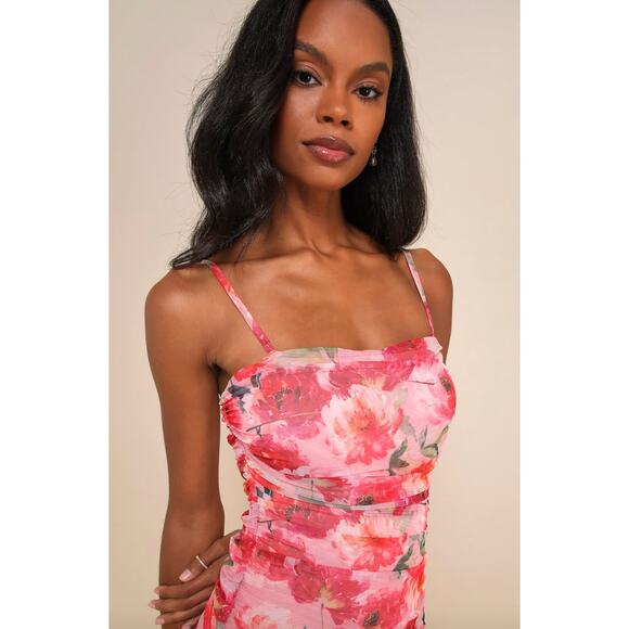 Lulus Blossoming Excellence Pink Floral Mesh Ruched Midi Dress Party XS NWT - Picture 3 of 11